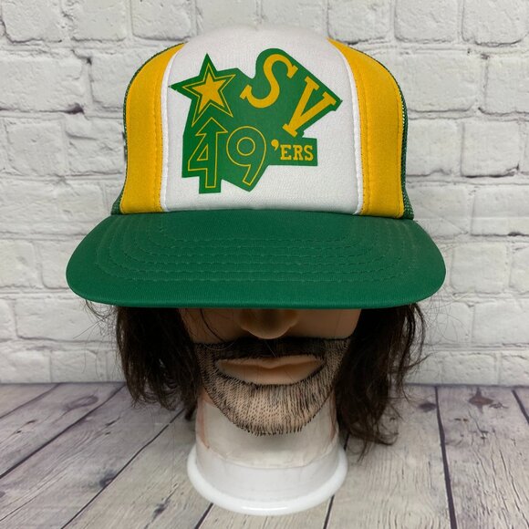 Vintage Trucker Hat Mesh Cap Snapback Green Yellow White SV 49'ers Sports 80s - Picture 1 of 8